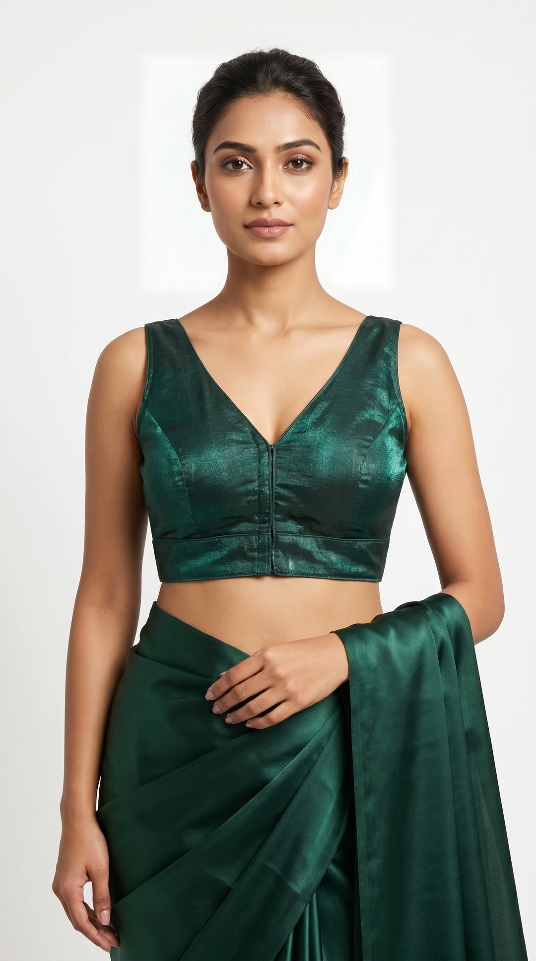 Fendi Silk Plain V-Neck Blouse in Bottle Green – deep V-neck front – Shree Leicester