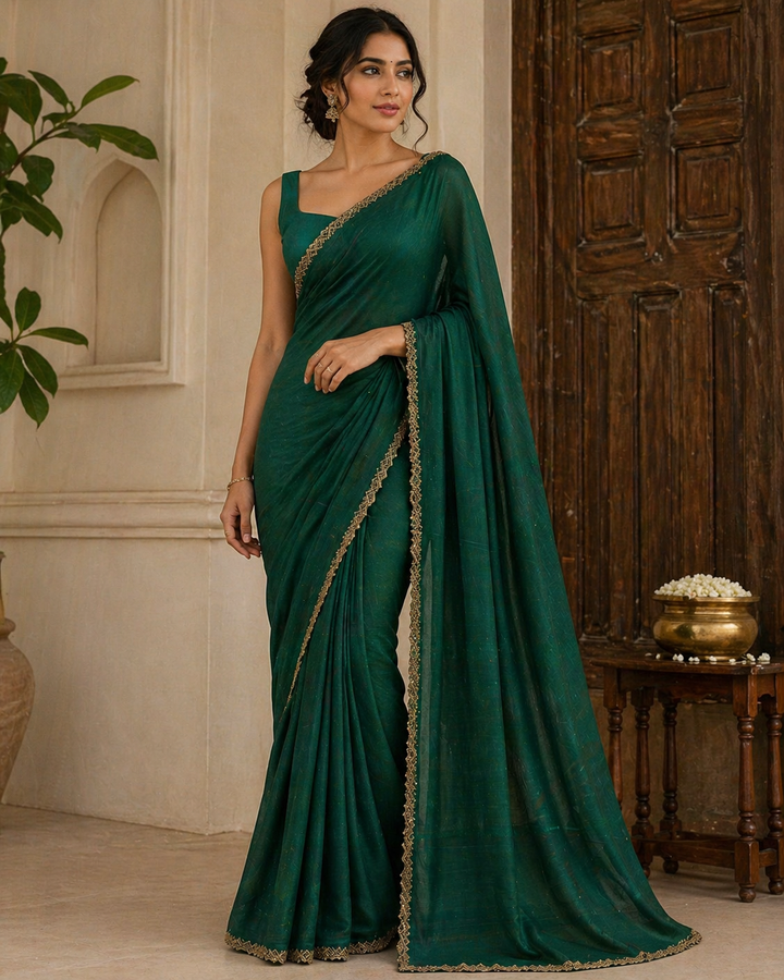 Bottle green satin saree with gold embroidered border and blouse piece – Shree Leicester