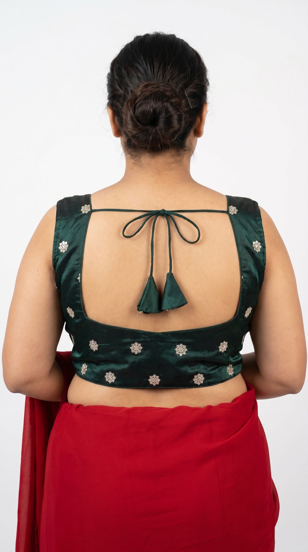 Fendi Silk Booti Blouse in Bottle Green – open back with dori – Shree Leicester