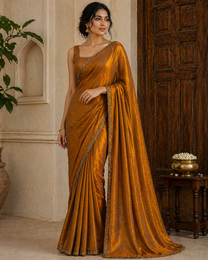 Burnt orange satin saree with gold embroidered border and blouse piece – Shree UK