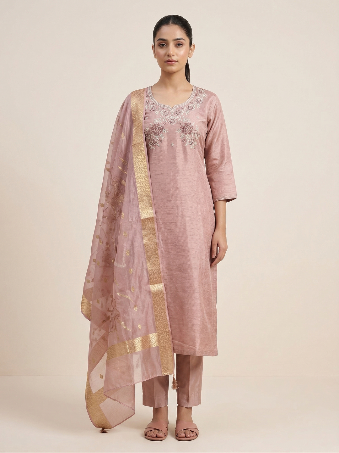 Floral Embroidered Cotton Kurti Set