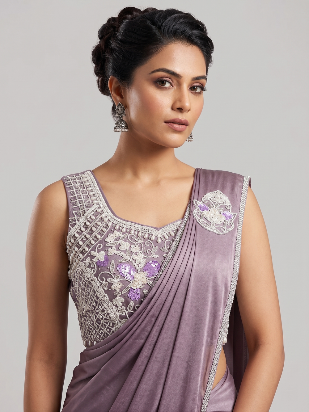 Dusty purple readymade lycra saree blouse with bead mirror and stone embroidery – Shree, Leicester