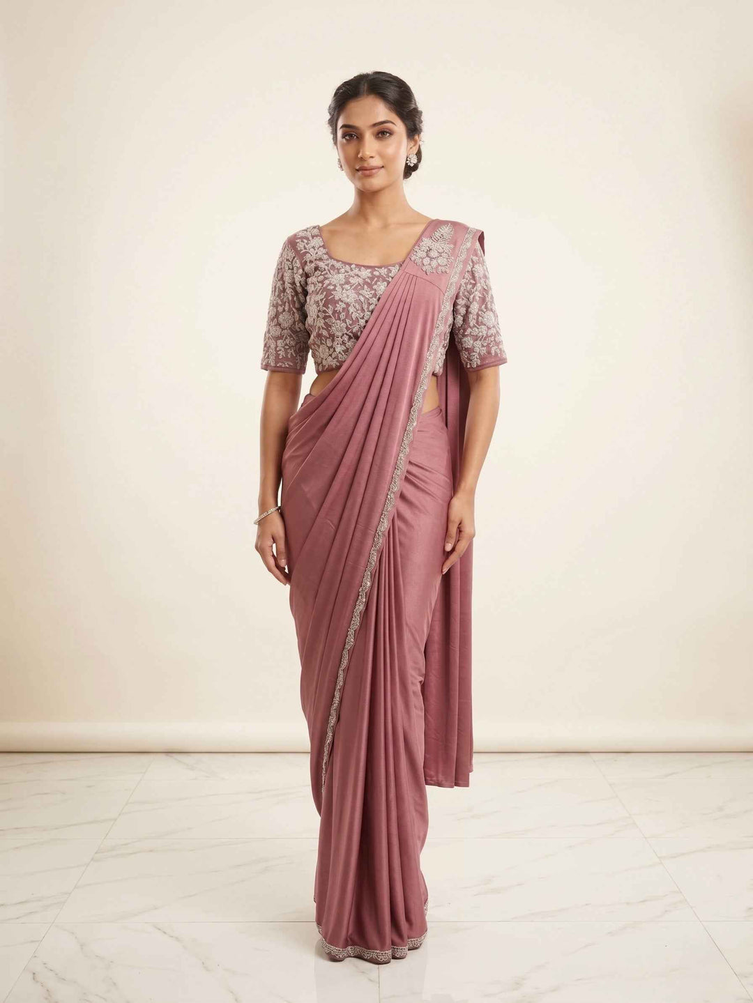Readymade Saree Floral Embroidered Net Blouse