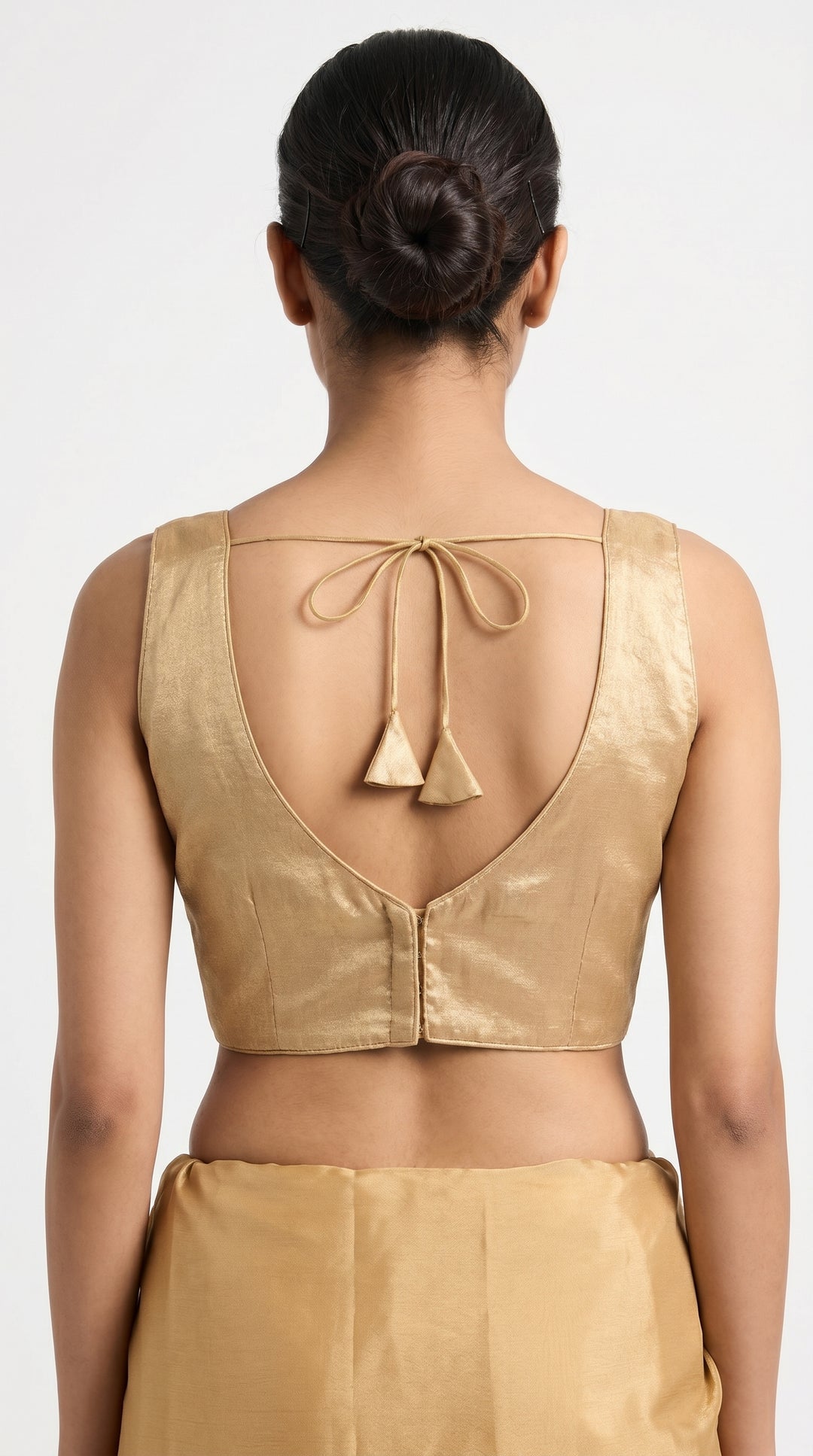 Fendi Silk Plain V-Neck Blouse in Gold – V-back dori detail – Shree Leicester