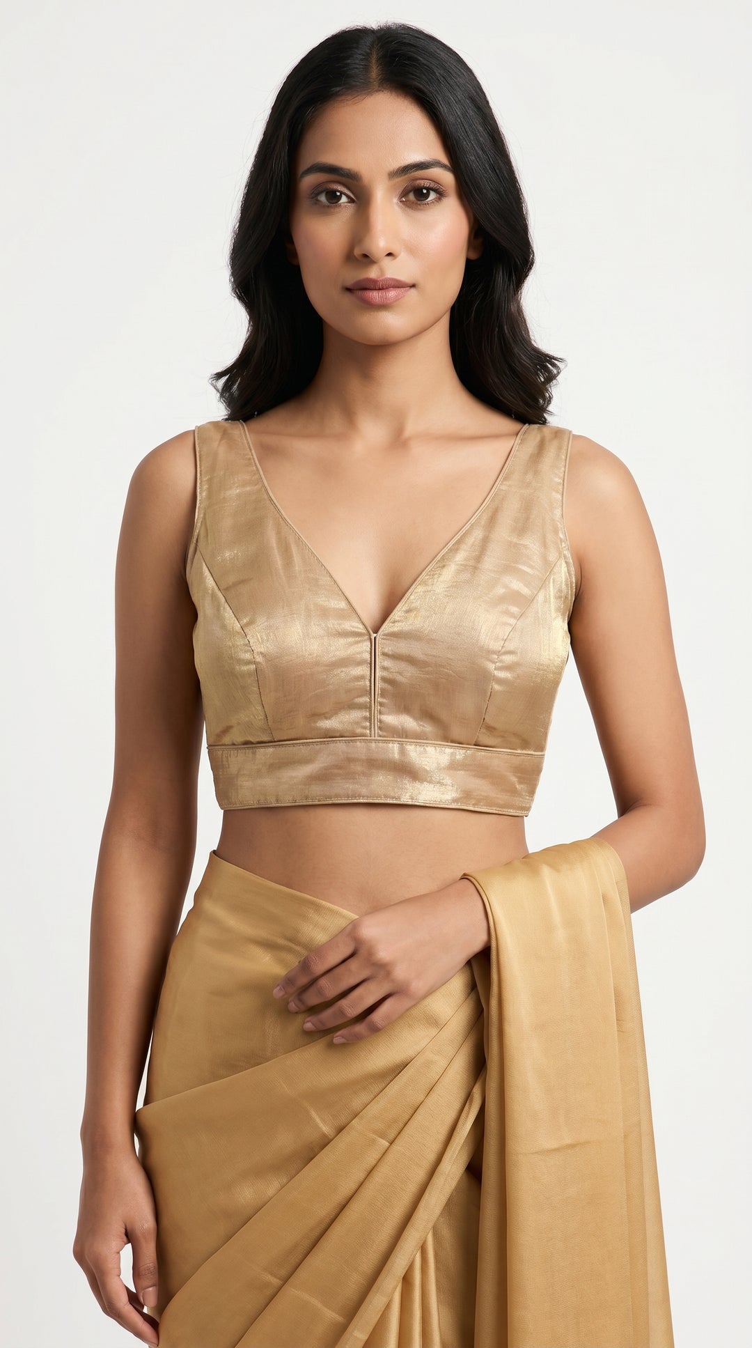 Fendi Silk Plain V-Neck Blouse in Gold – metallic deep V-neck front – Shree Leicester