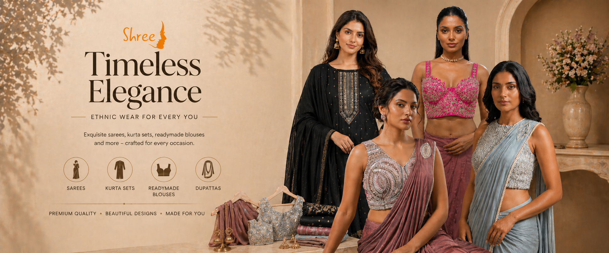 Advertisement for 'shree' featuring women in traditional attire with brand name and tagline.