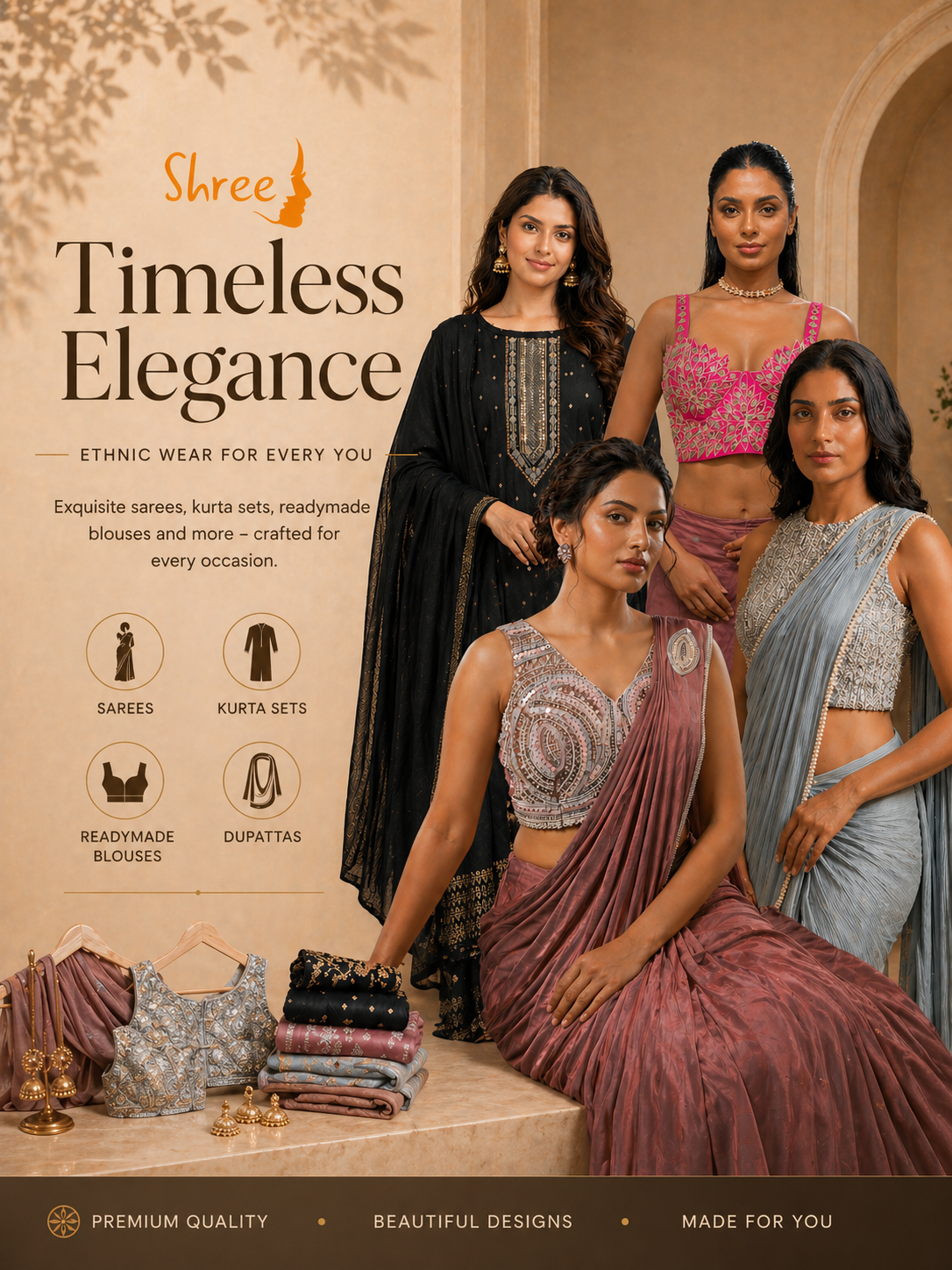 Advertisement for Shree featuring women in traditional attire with product display.