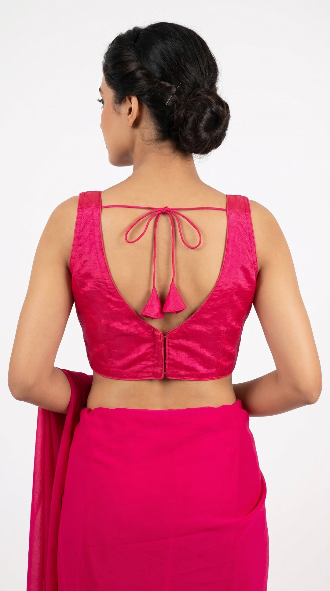 Fendi Silk Plain V-Neck Blouse in Hot Pink – open V-back with latkans – Shree Leicester