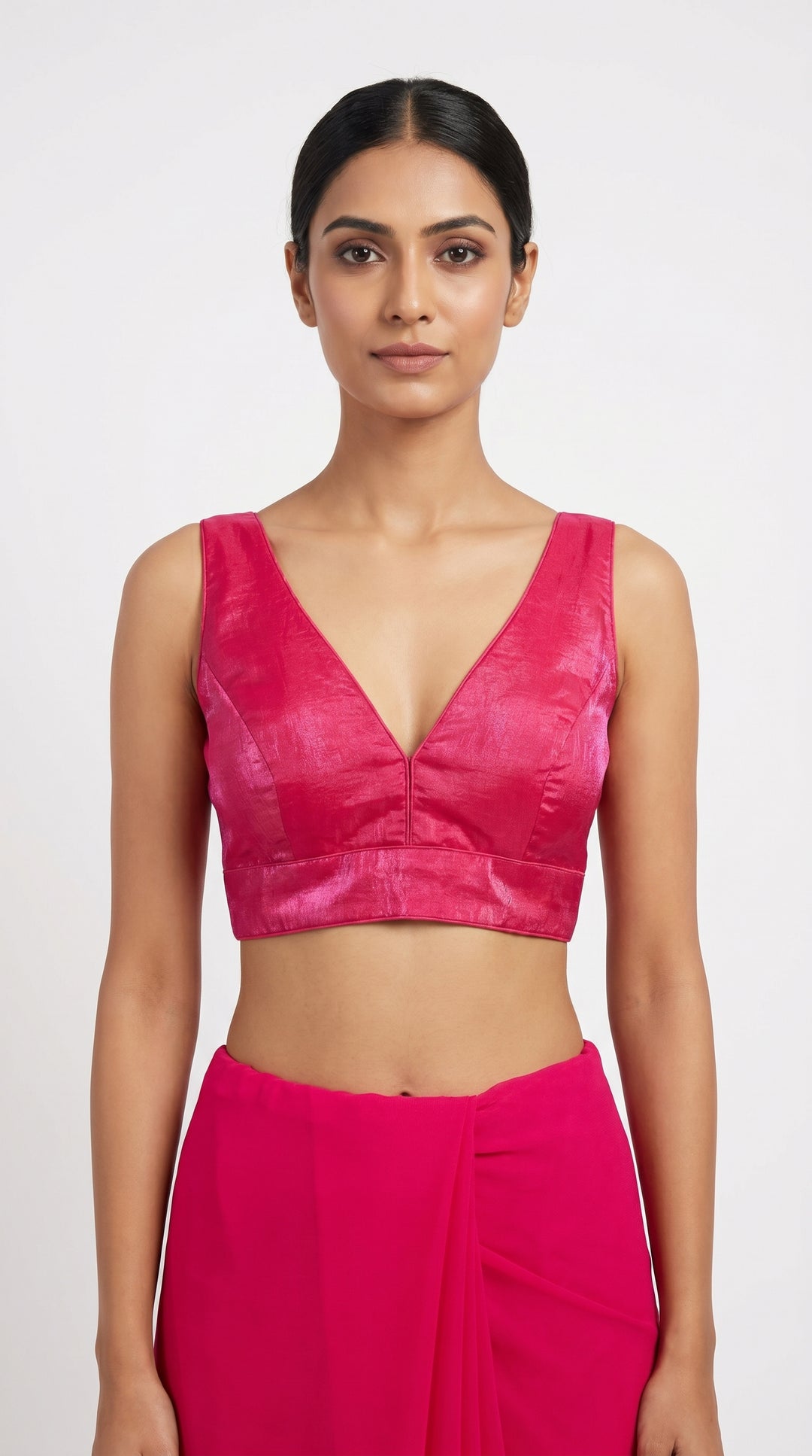 Fendi Silk Plain V-Neck Blouse in Hot Pink – deep V-neck front view – Shree Leicester