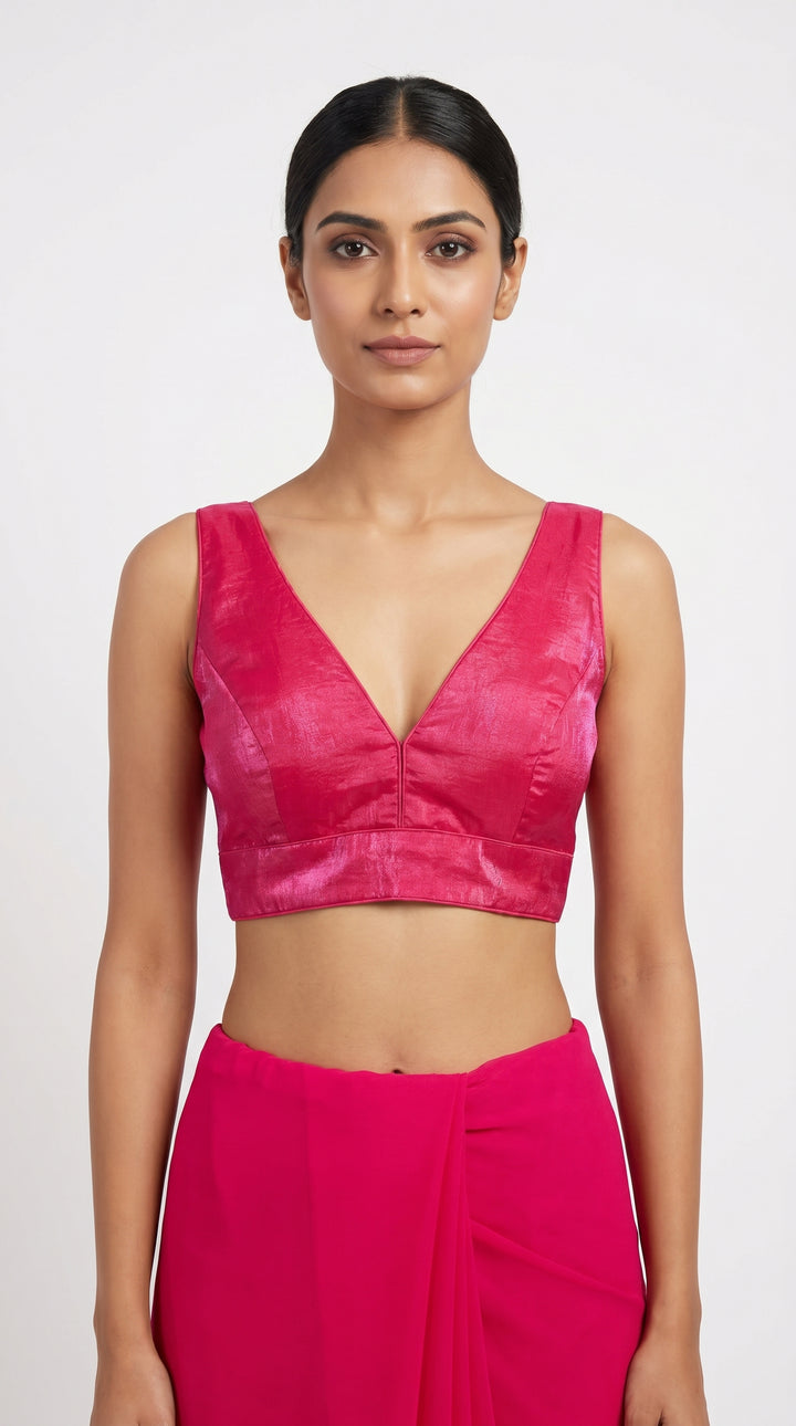 Fendi Silk Plain V-Neck Blouse in Hot Pink – deep V-neck front view – Shree Leicester