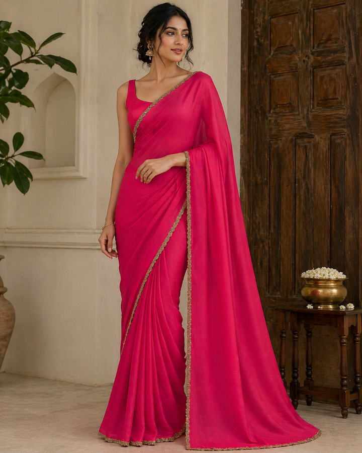 Hot pink satin saree with gold embroidered border and matching blouse piece – Shree UK