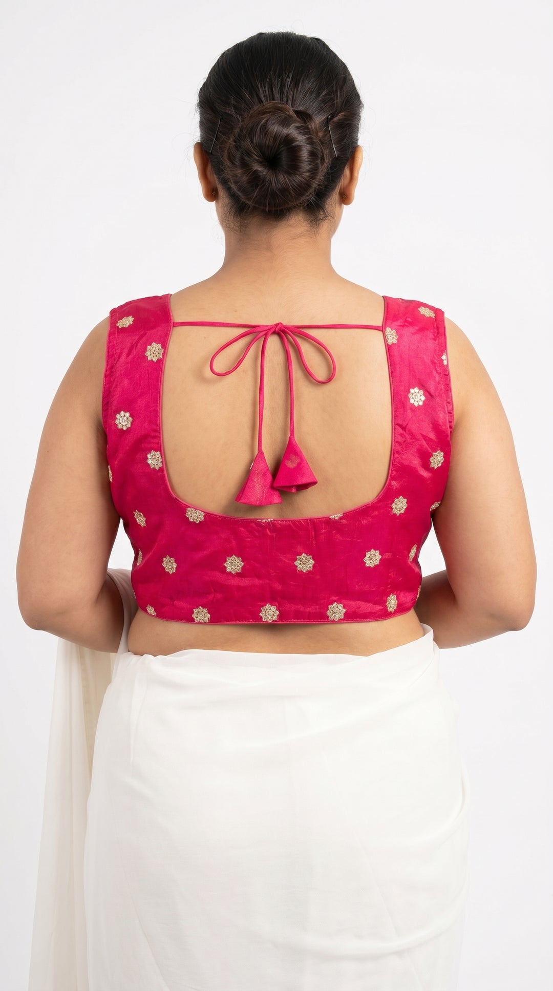 Fendi Silk Booti Blouse in Hot Pink – open back with latkans – Shree Leicester