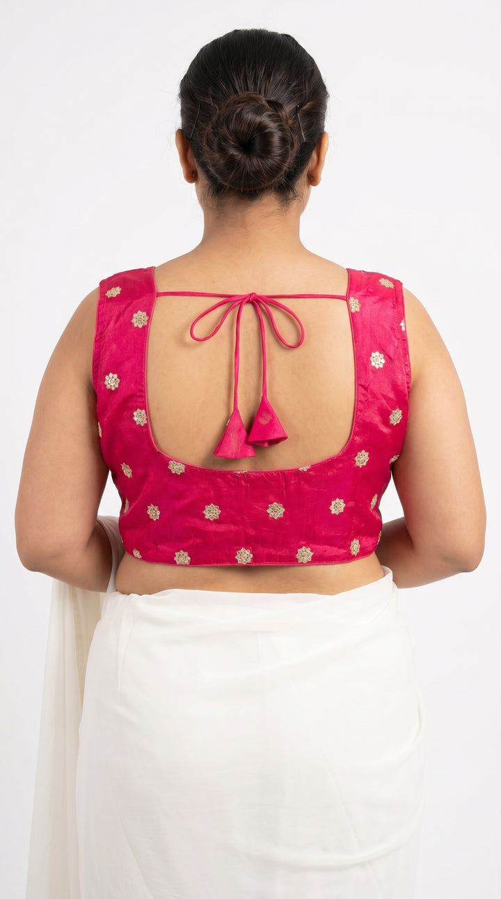 Fendi Silk Booti Blouse in Hot Pink – open back with latkans – Shree Leicester