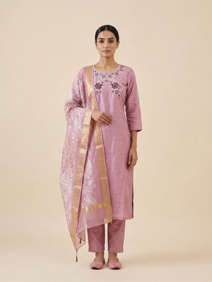 Floral Embroidered Cotton Kurti Set