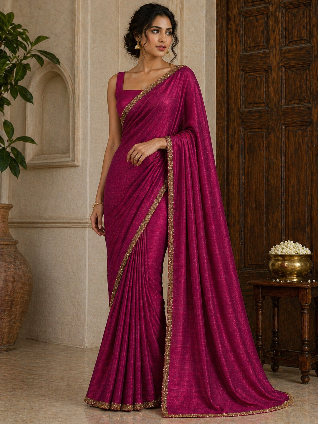 Magenta pink satin saree with gold embroidered border and matching blouse piece – Shree Leicester
