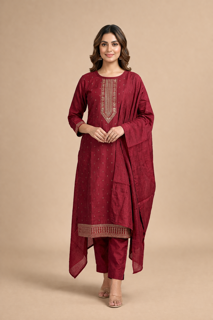 Maroon Vatican silk kurti set with dupatta embroidered kurta set UK women