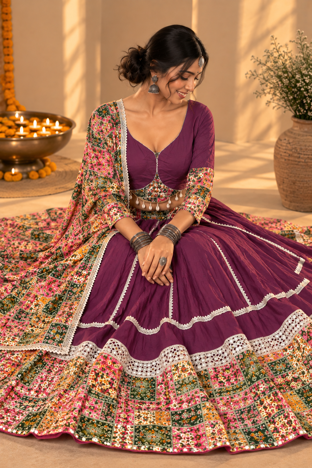 Navratri Chaniya Choli in Wine – front view – Shree Leicester