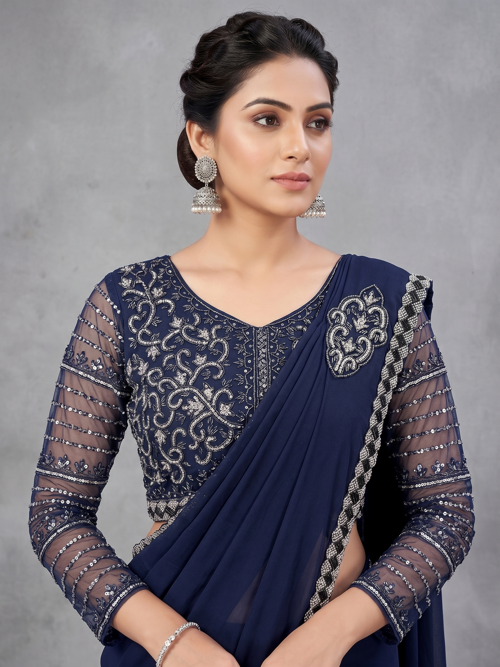 Closeup of navy blue embroidered net saree blouse with sequin and zardozi work – Shree UK