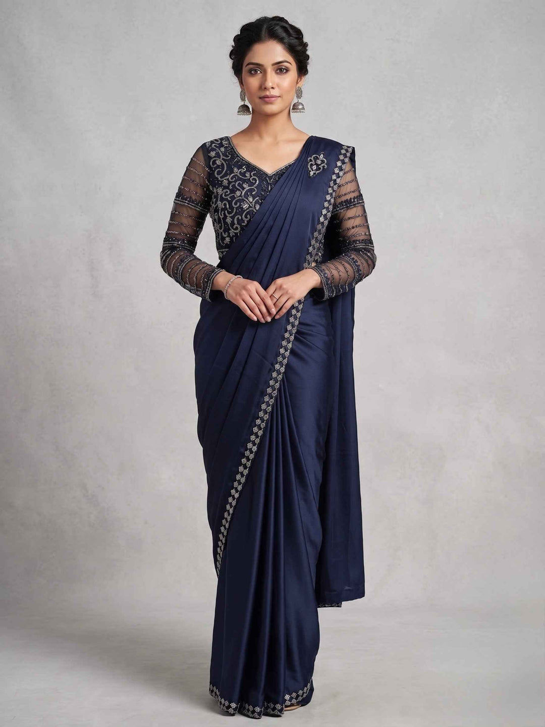 Readymade Satin Saree Embroidered Net Blouse