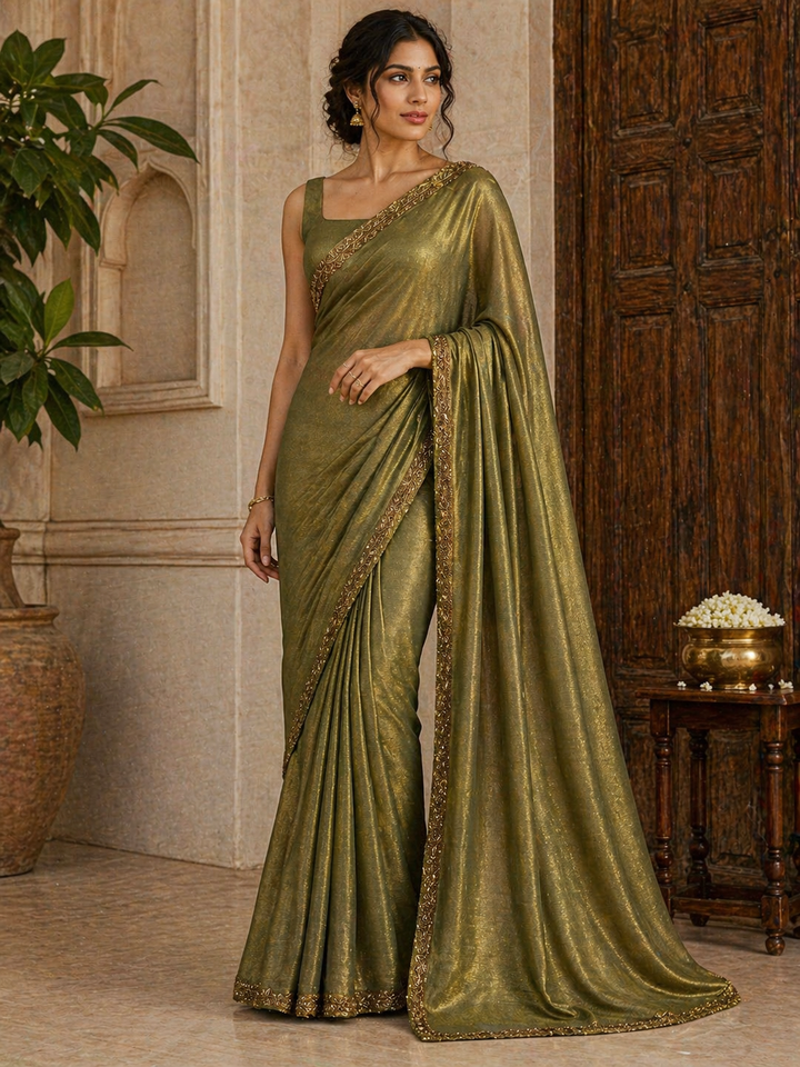 Olive gold metallic satin saree with gold embroidered border – Shree, Leicester