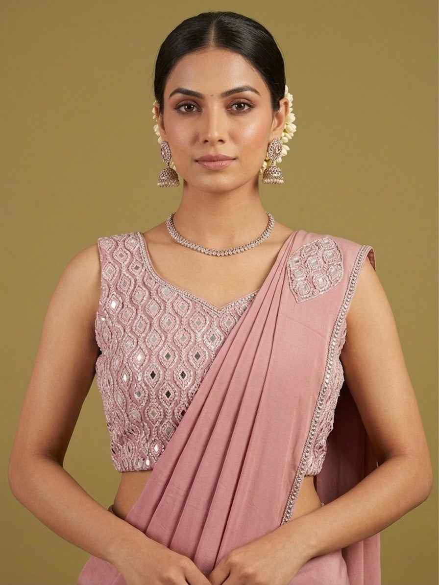 Pink Readymade Saree Mirror Work Blouse