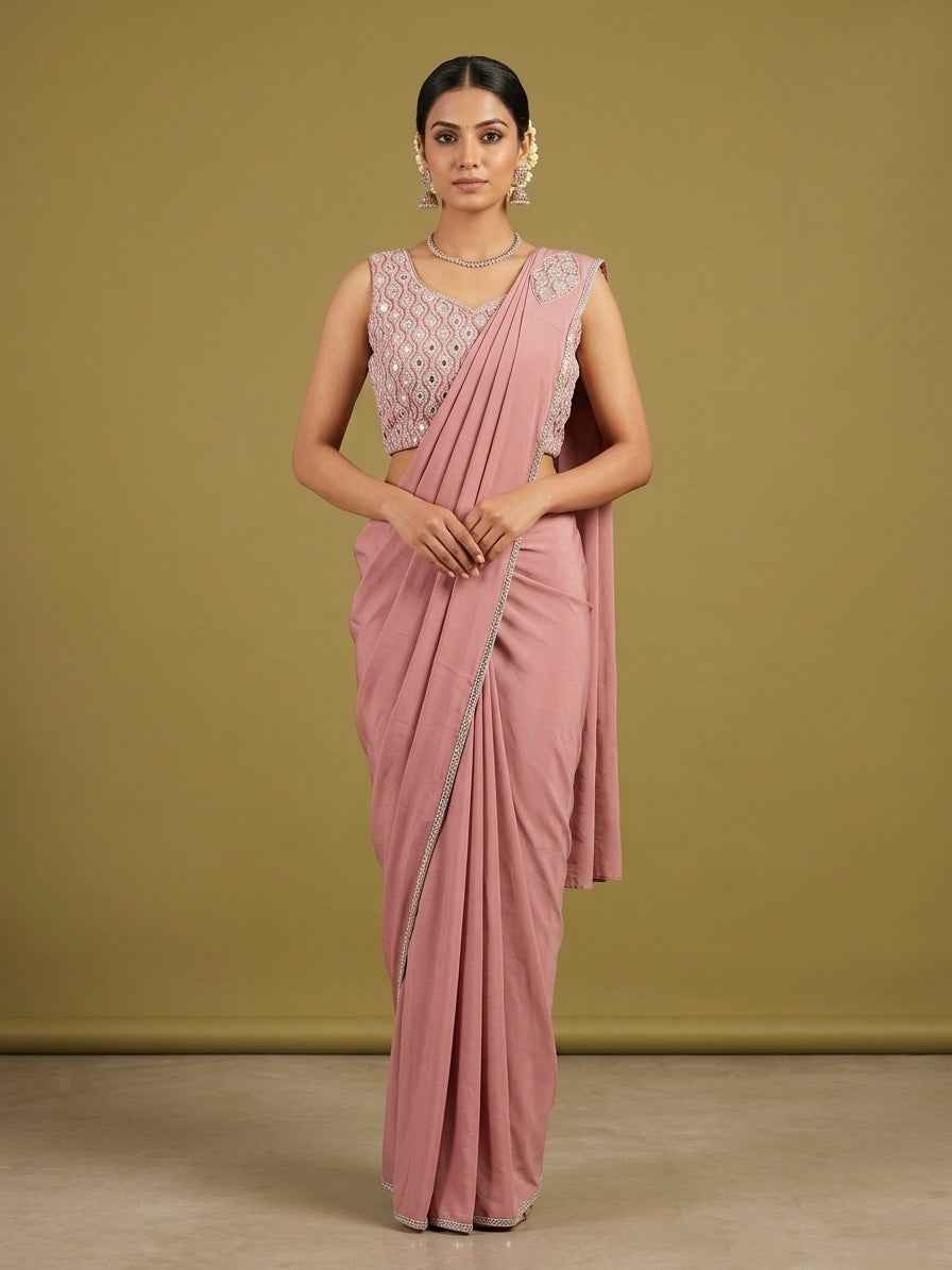 Pink Readymade Saree Mirror Work Blouse