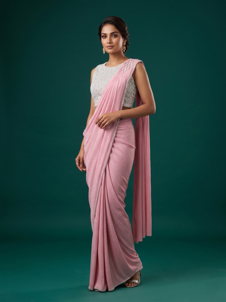 Readymade Saree with Pearl Bead Sequin Blouse