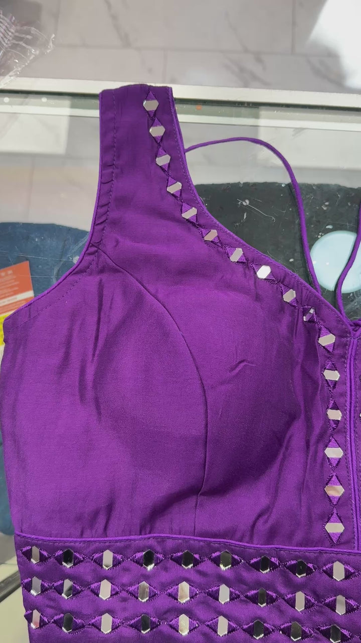 Video of purple mirror work Navratri blouse showing neckline, mirror detailing and waist border – Shree, Leicester