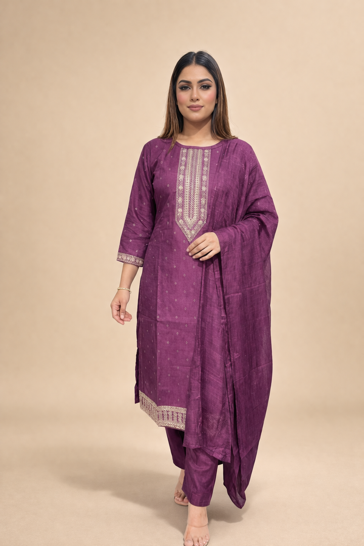 Purple Vatican silk kurti set with straight trousers and dupatta UK ethnic wear