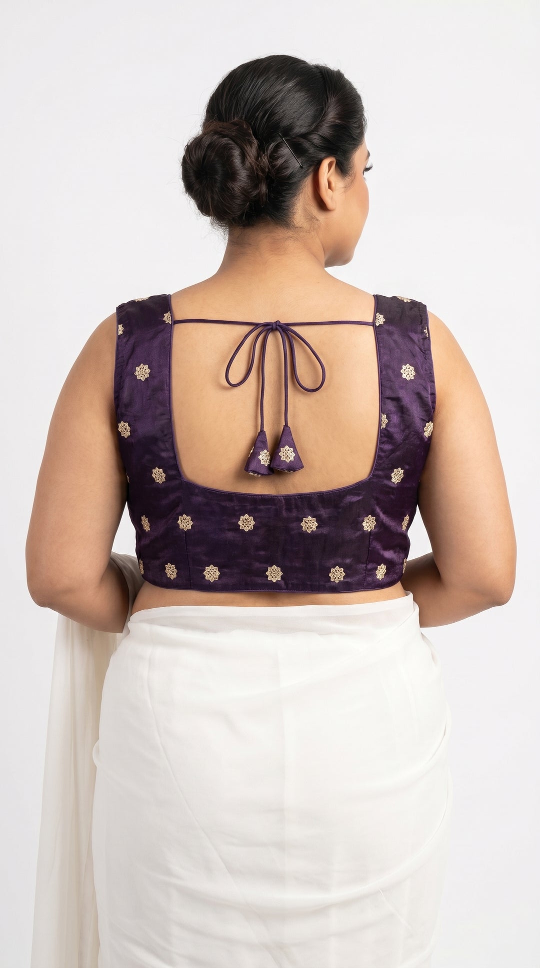 Fendi Silk Booti Blouse in Purple – open back with dori – Shree Leicester