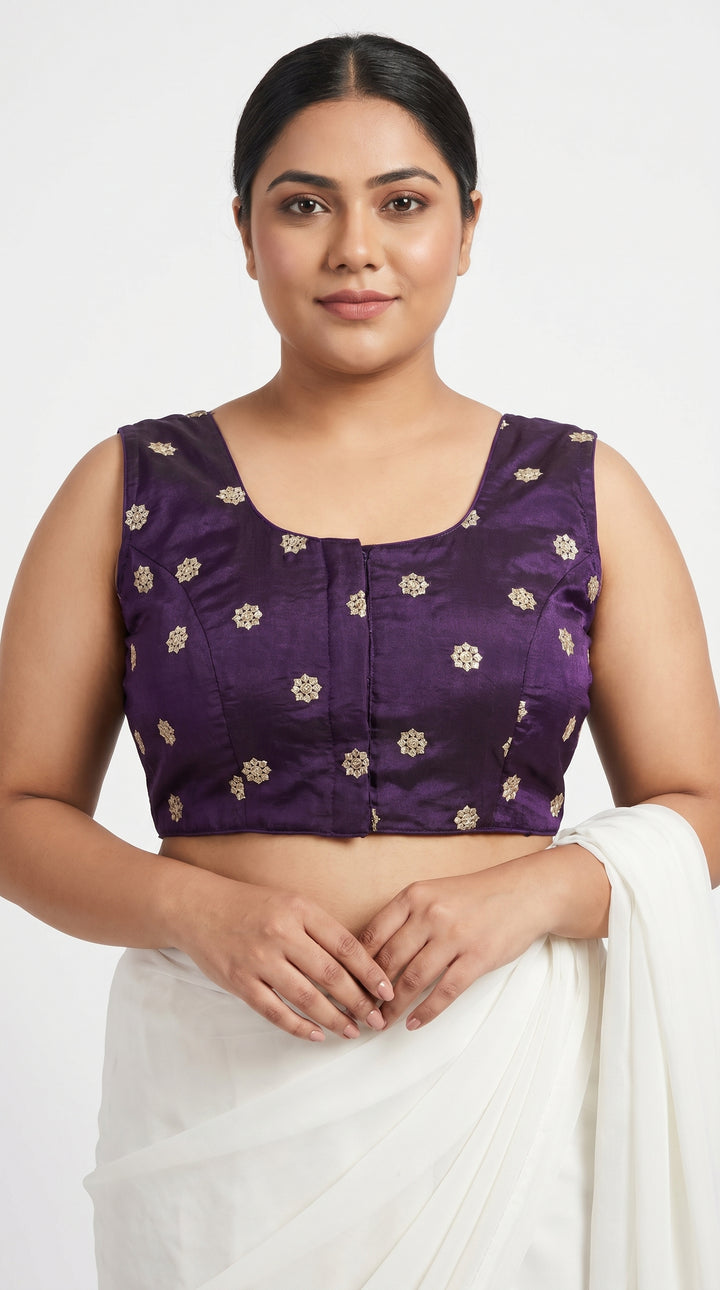 Fendi Silk Booti Blouse in Purple – gold booti embroidery front – Shree Leicester