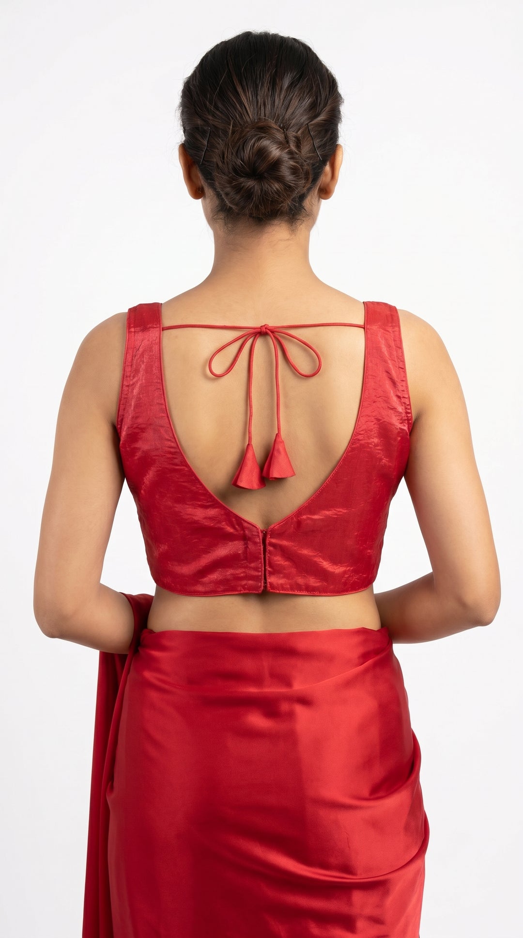 Fendi Silk Plain V-Neck Blouse in Red – open V-back with latkans – Shree Leicester