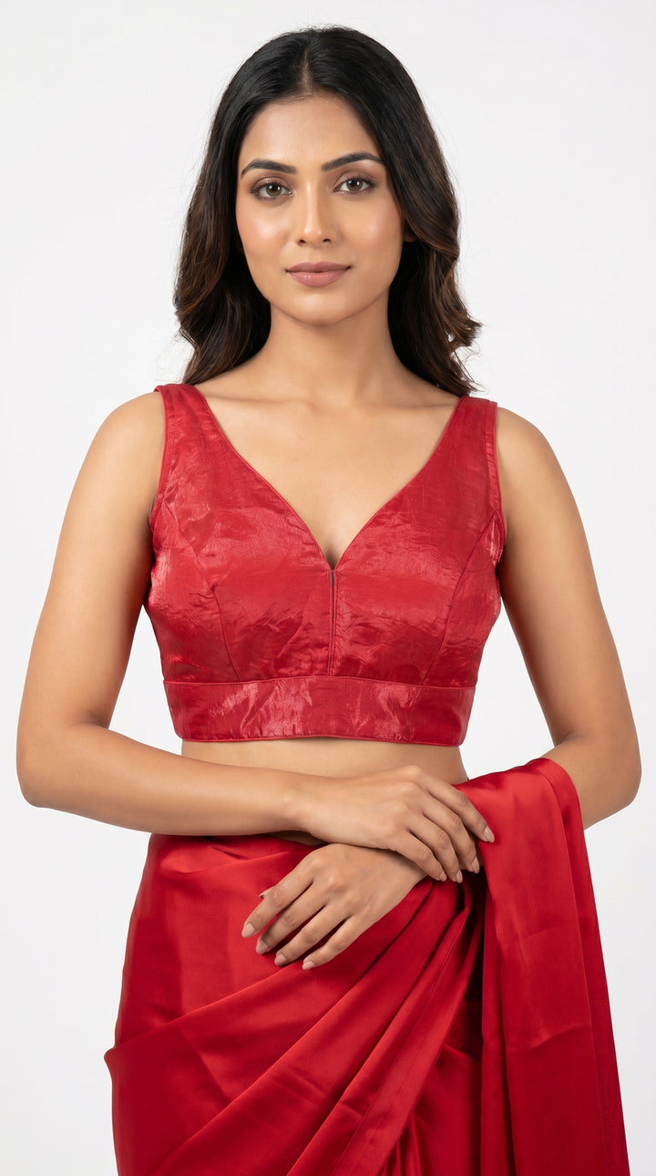 Fendi Silk Plain V-Neck Blouse in Red – deep V-neck front view – Shree Leicester
