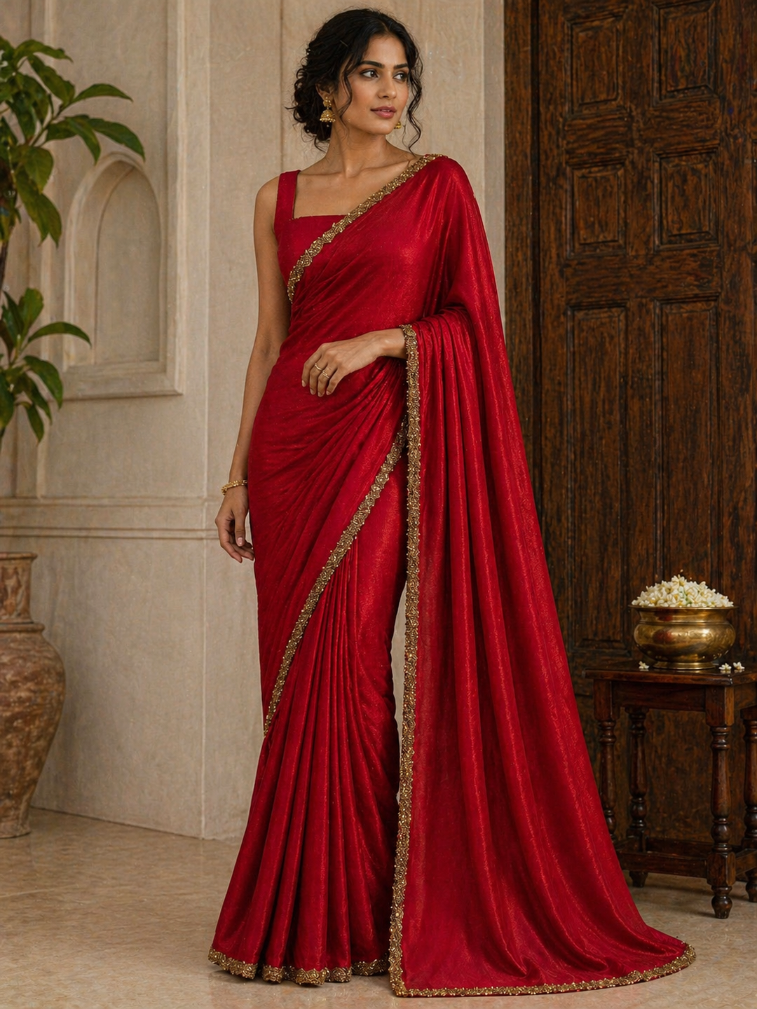 Red satin saree with gold embroidered border and matching blouse piece – Shree Leicester
