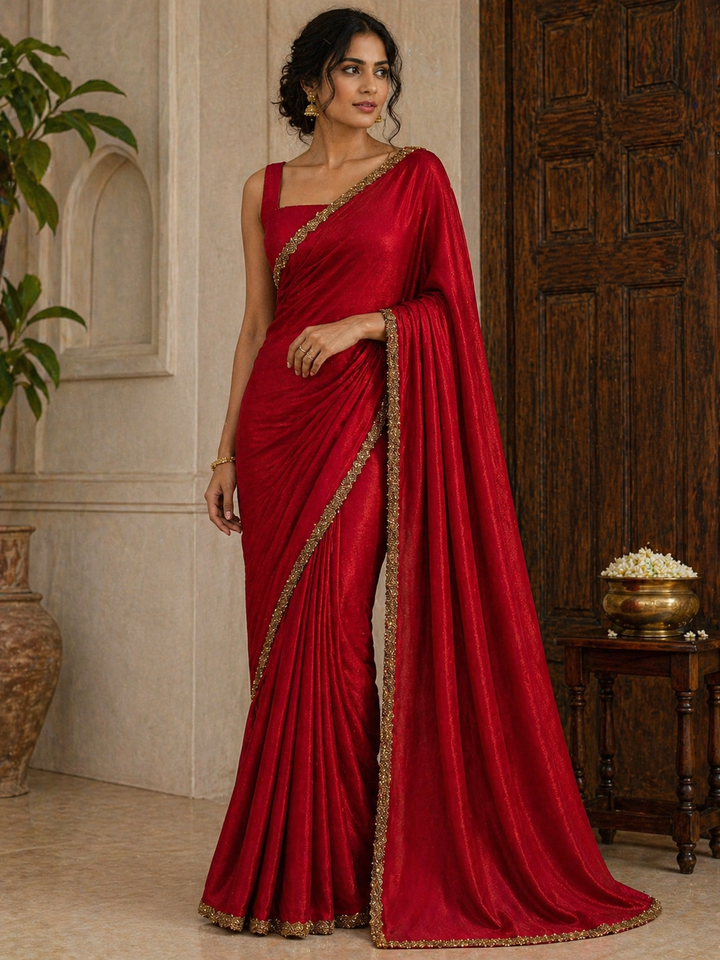Red satin saree with gold embroidered border and matching blouse piece – Shree Leicester