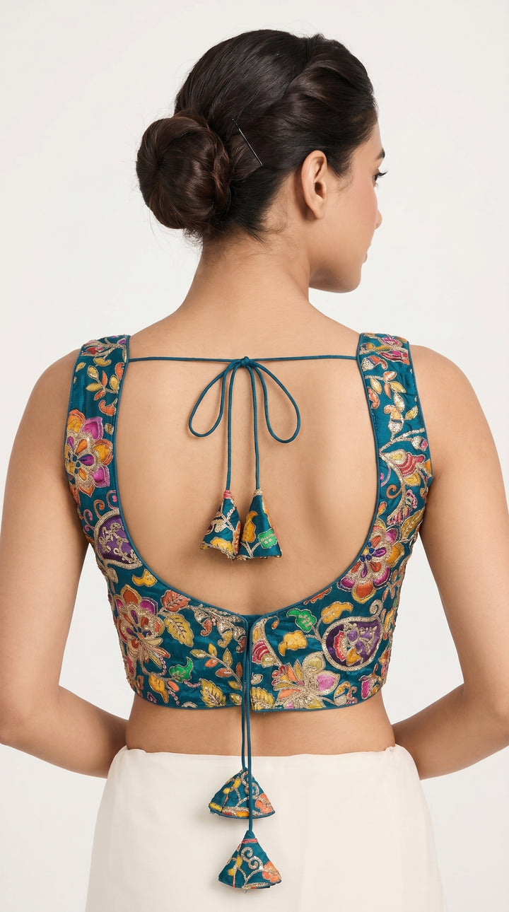 Fendi Silk Floral Sequin Blouse in Royal Blue – back with latkans – Shree Leicester