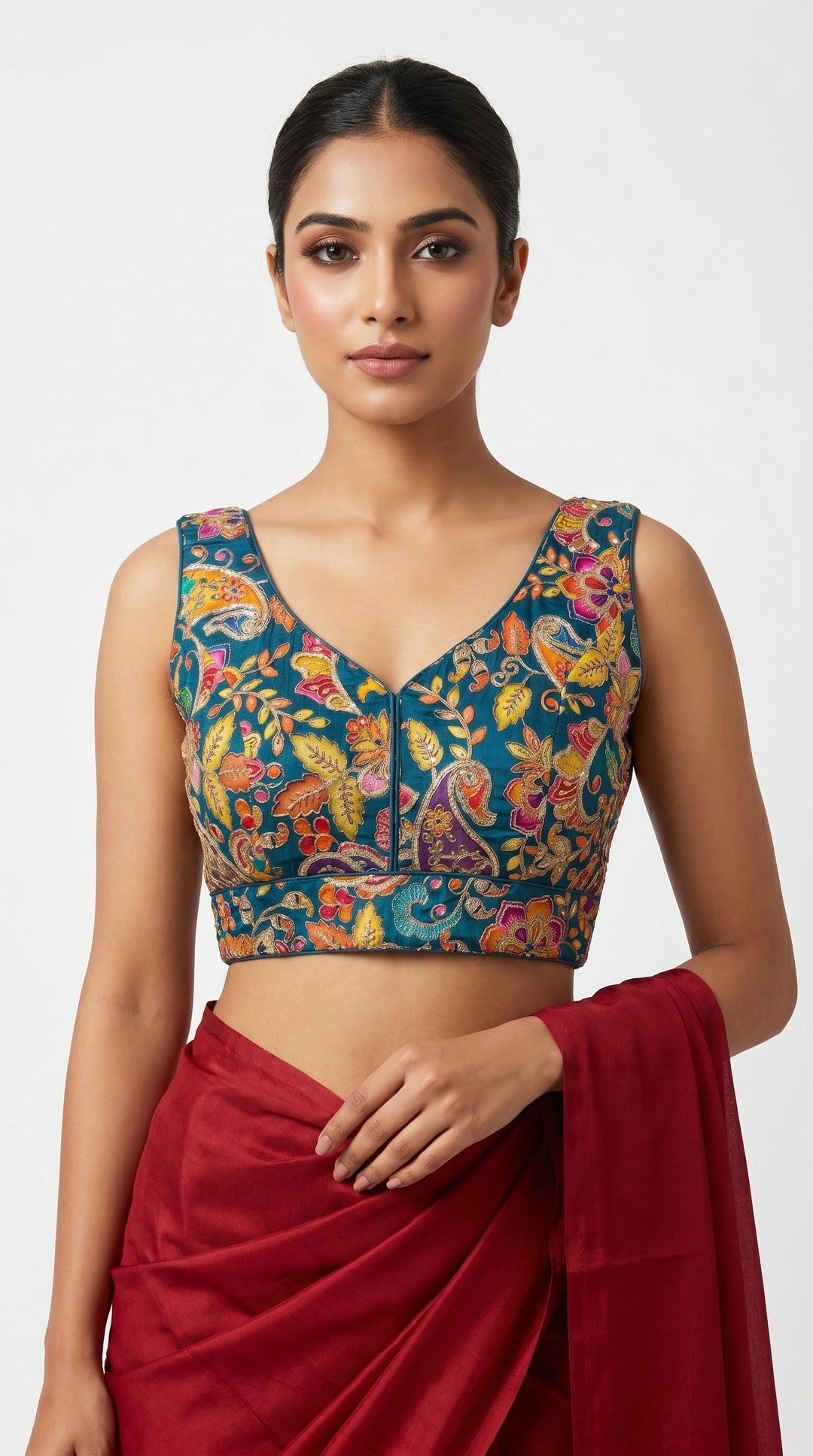 Fendi Silk Floral Sequin Blouse in Royal Blue – deep V-neck front – Shree Leicester