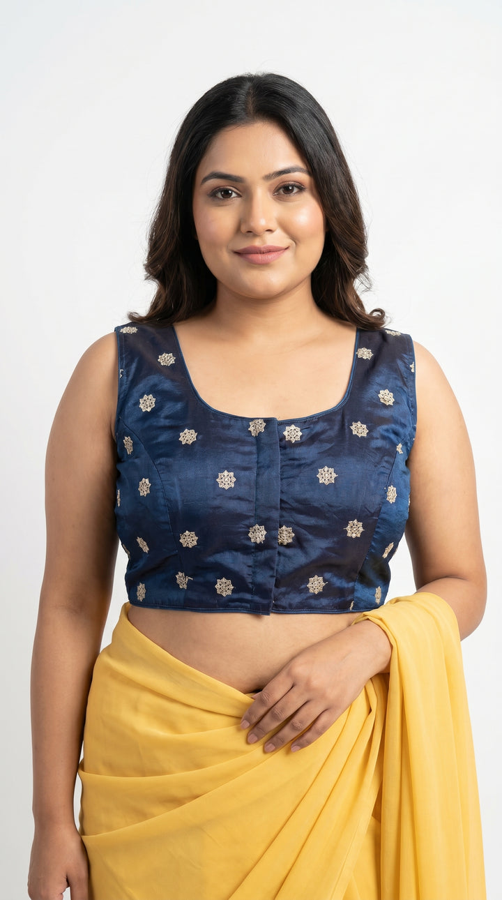 Fendi Silk Booti Blouse in Royal Blue – square neck front view – Shree Leicester