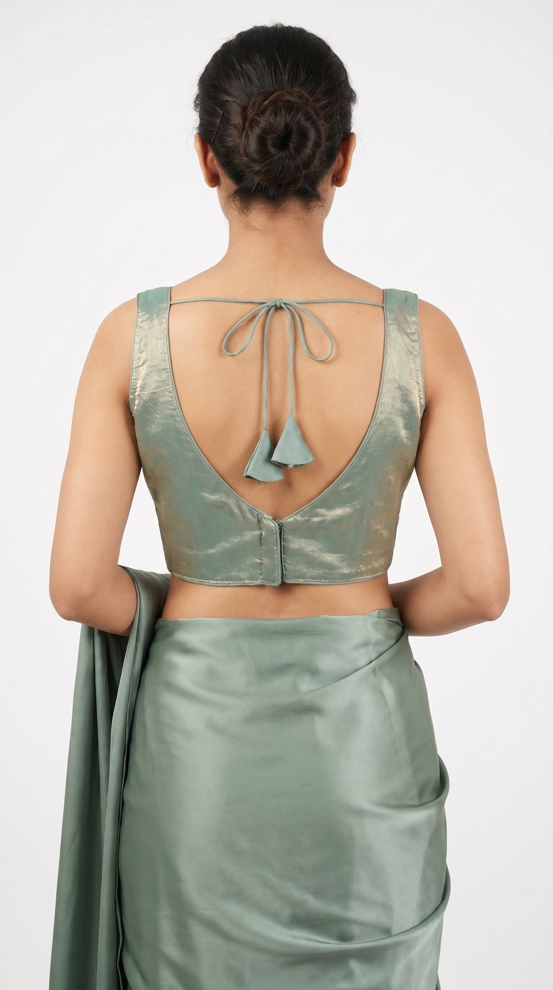 Fendi Silk Plain V-Neck Blouse in Sage Green – V-back dori detail – Shree Leicester
