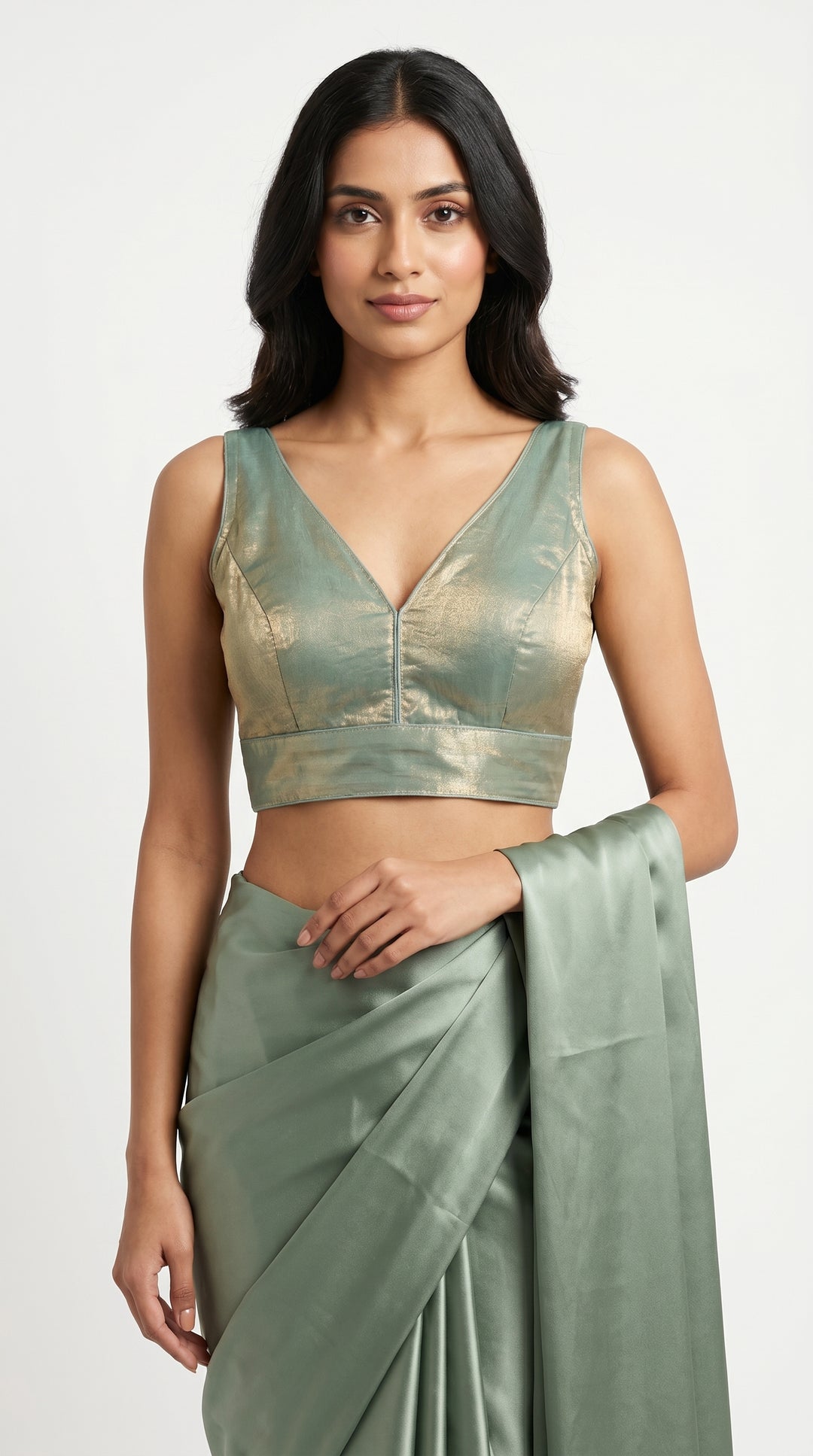 Fendi Silk Plain V-Neck Blouse in Sage Green – metallic V-neck front – Shree Leicester
