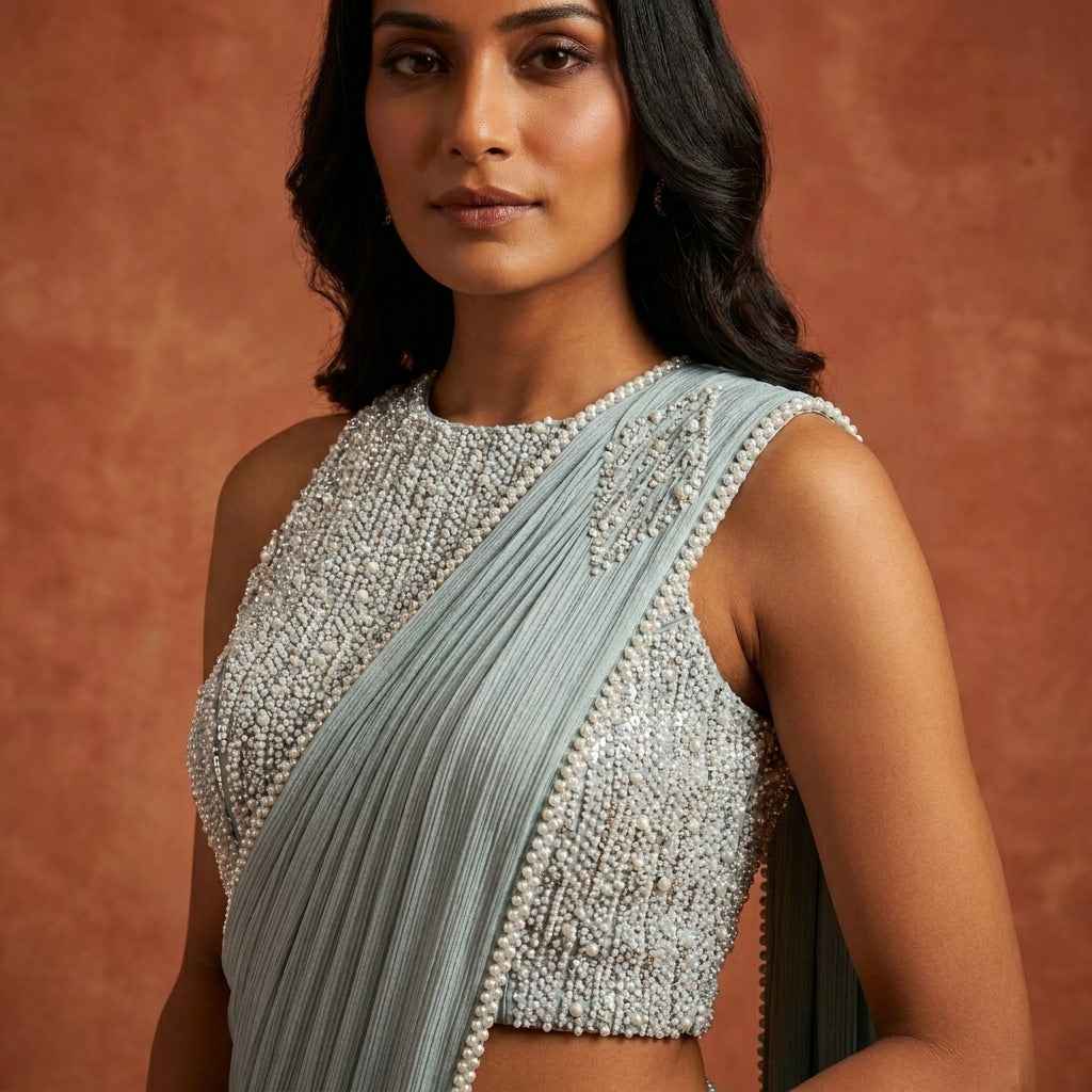 Readymade Saree with Pearl Bead Sequin Blouse
