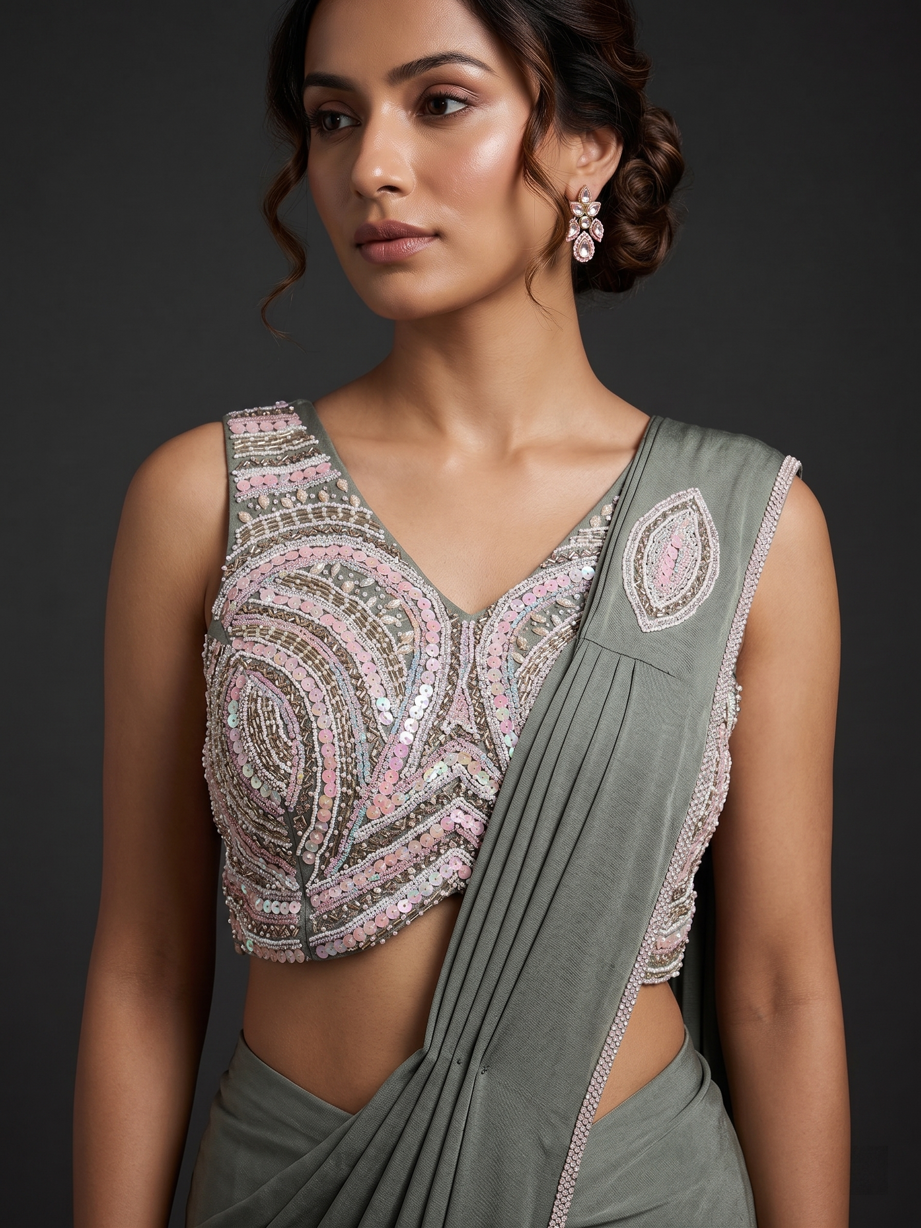 Close up of sage green readymade saree with pink and silver paisley sequin blouse embellishment – Shree Leicester UK