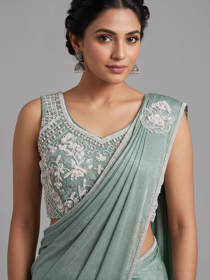 Sage green readymade lycra saree blouse with bead mirror and stone work – Shree, Leicester