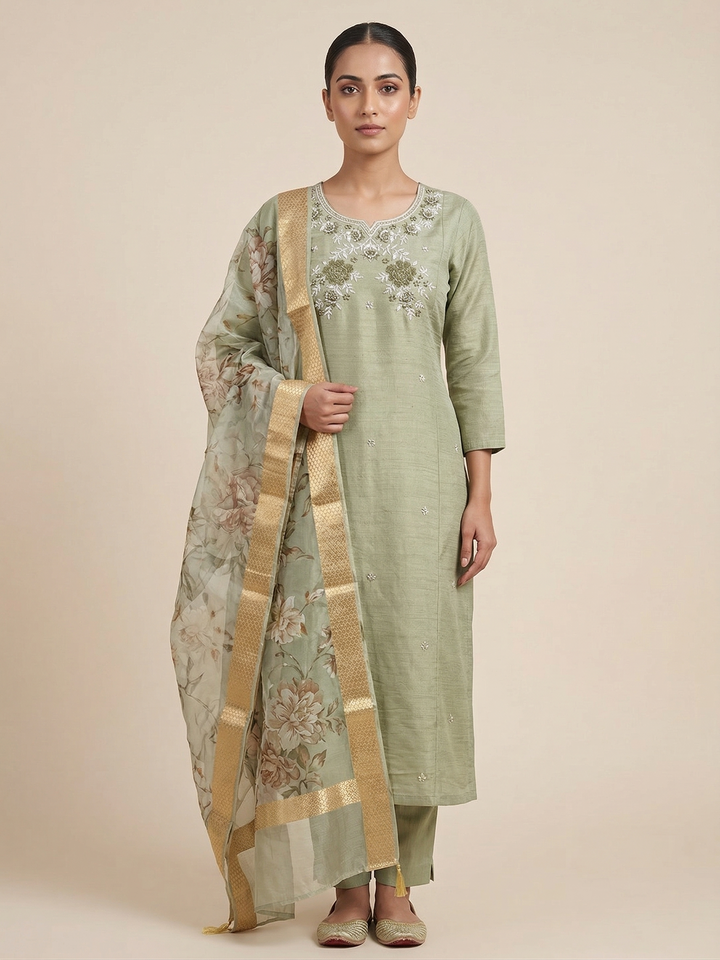 Floral Embroidered Cotton Kurti Set