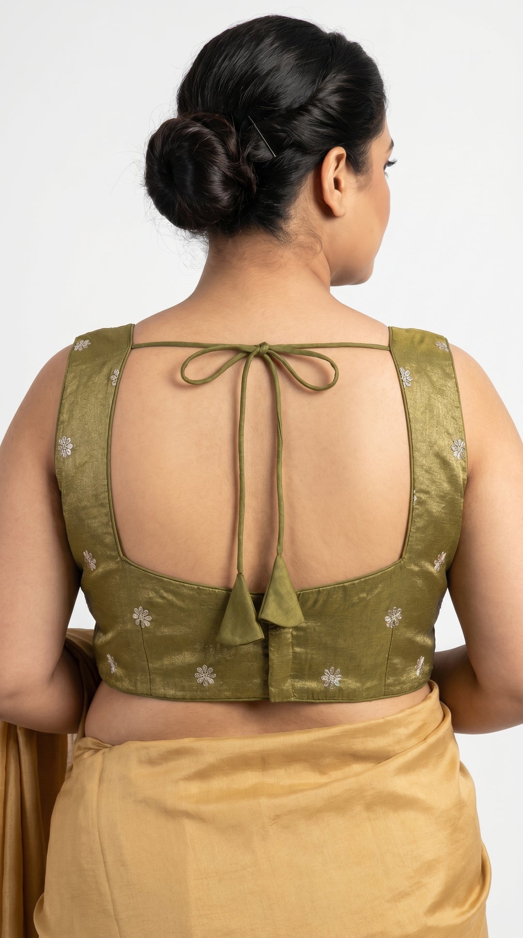 Fendi Silk Booti Blouse in Sage Green – open back with latkans – Shree Leicester