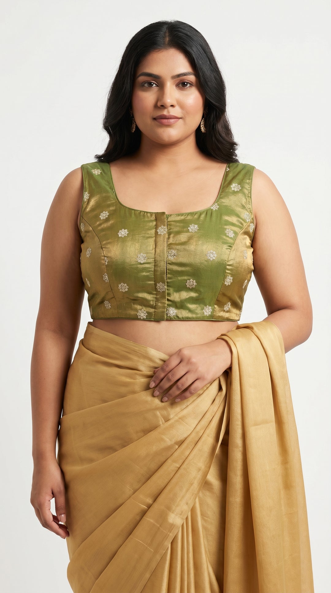 Fendi Silk Booti Blouse in Sage Green – gold booti embroidery front – Shree Leicester