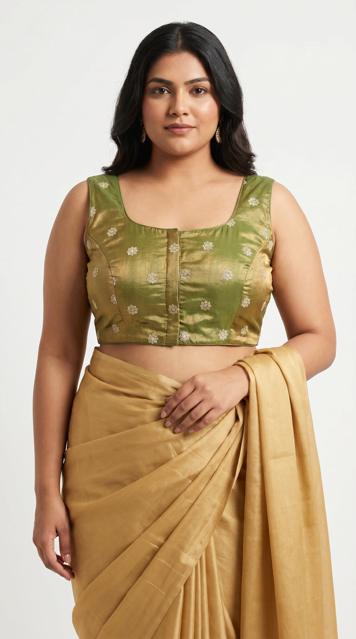 Fendi Silk Booti Blouse in Sage Green – gold booti embroidery front – Shree Leicester