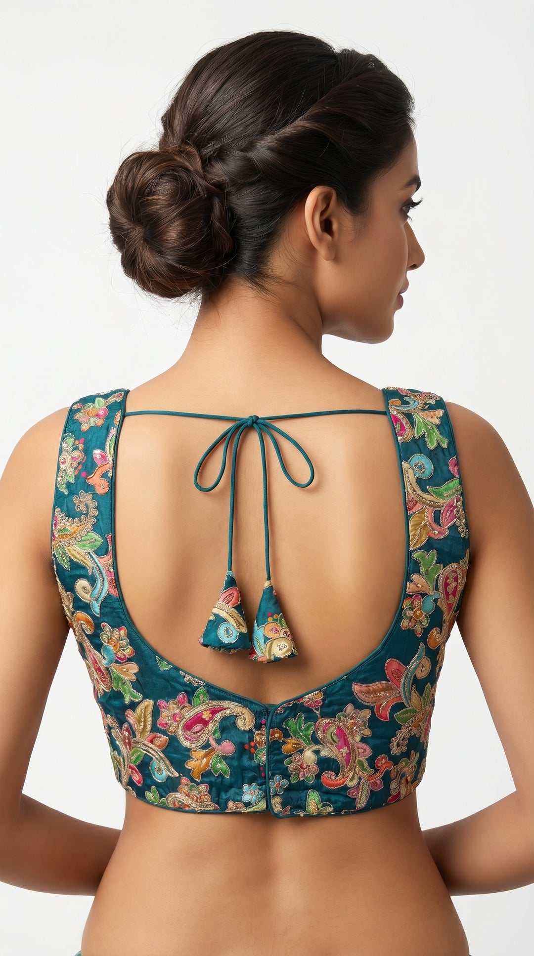 Fendi Silk Floral Sequin Blouse in Teal Blue – open back tie dori – Shree Leicester