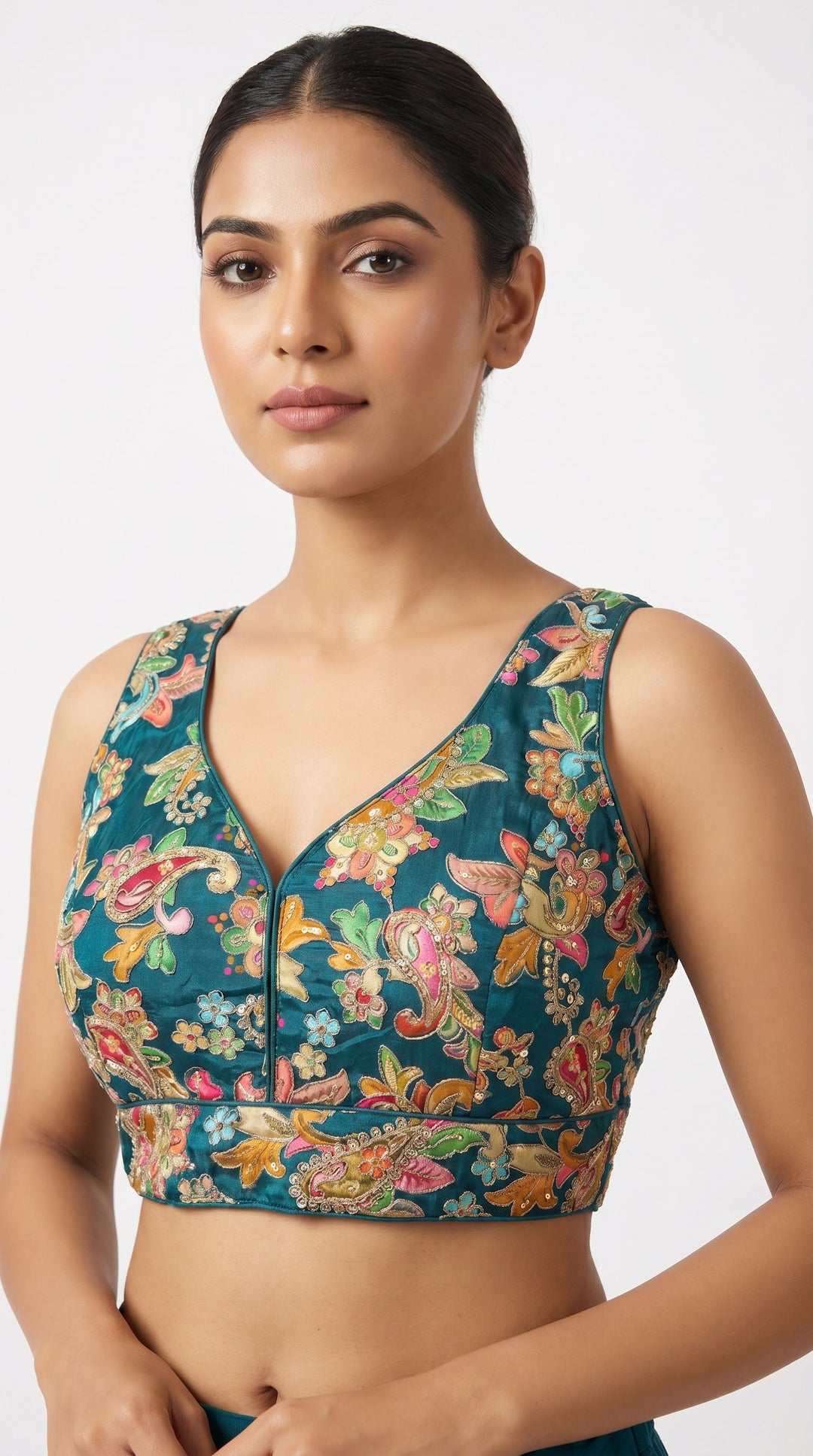 Fendi Silk Floral Sequin Blouse in Teal Blue – floral sequin V-neck – Shree Leicester