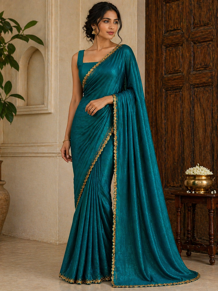 Teal blue satin saree with gold embroidered border and matching blouse piece – Shree, Leicester
